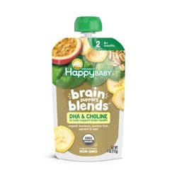 Happy Baby Brain Support Blends Organic Bananas, Passion Fruit, Spinach & Oats Baby Food Pouch with DHA & Choline - 4oz