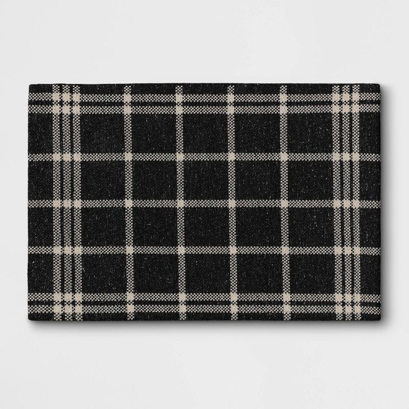 slide 1 of 4, 2'x3' Indoor/Outdoor Woven Tapestry Rug Black - Threshold™: Front Door Layering Mat, Check Pattern, Flat Pile, 1 ct