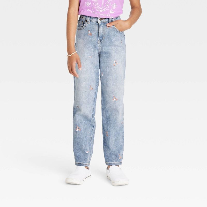 slide 1 of 3, Girls' Floral Embroidered High-Rise Ankle Straight Jeans - Cat & Jack Medium Wash 6, 1 ct