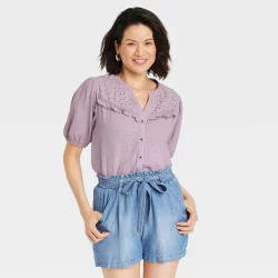 Women's Balloon Short Sleeve Button-Front Textured Top - Knox Rose Purple L