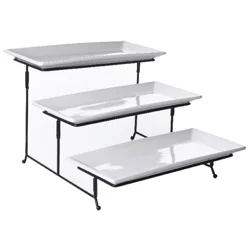 Gibson Home Gracious Dining Collection 3 Tiered Stoneware White Serving Tray Set with Metal Stand 1 ea