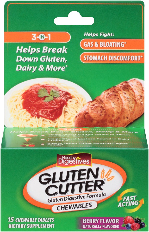 slide 1 of 6, Healthy Digestives Gluten Cutter Dietary Supplement Chewables, 15 ct