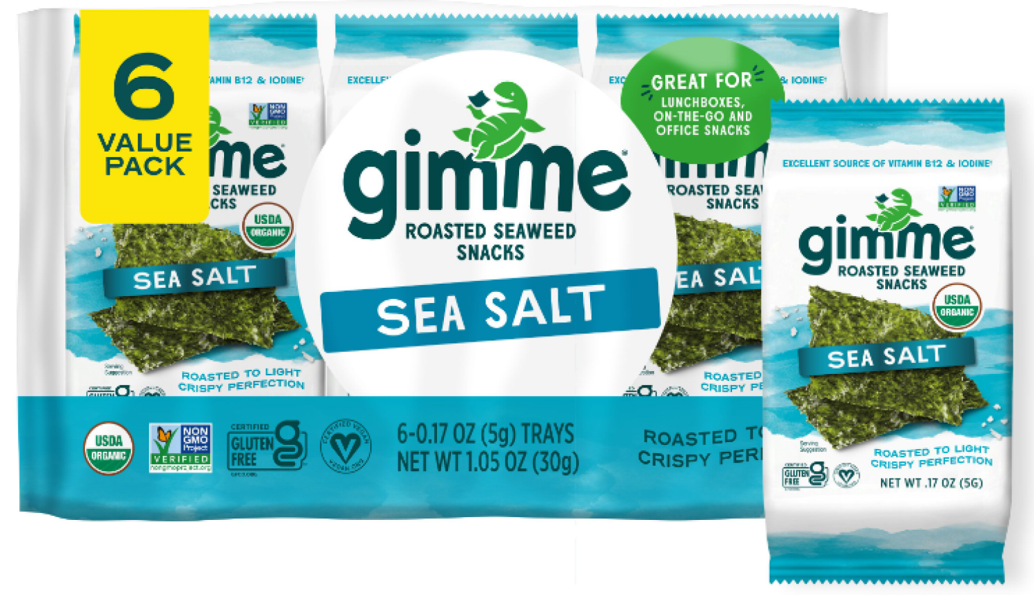slide 1 of 2, gimMe Roasted Sea Salt Seaweed Snacks Value Pack 6 - 0.17 oz Trays, 6 ct