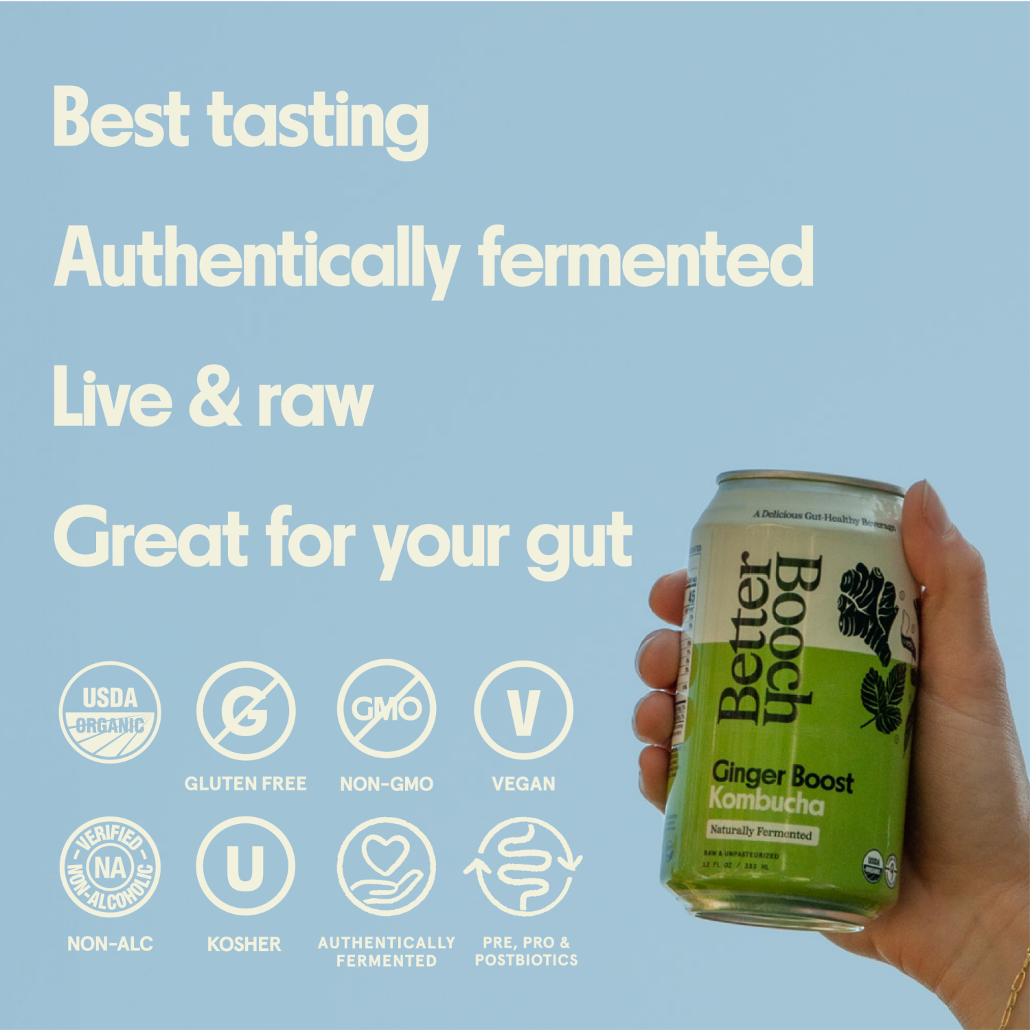 slide 2 of 6, Better Booch Kombucha Sparking Probiotic Drink Ginger Boost, 12 fl oz