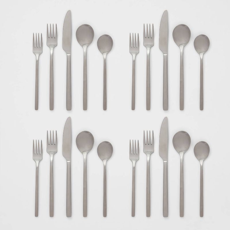 slide 4 of 5, 20pc Ashby Flatware Set Silver - Threshold™: Stainless Steel Silverware, Service for 4, Forks Spoons Knives Set, 20 ct