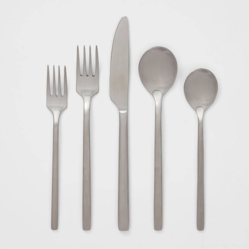 slide 1 of 5, 20pc Ashby Flatware Set Silver - Threshold™: Stainless Steel Silverware, Service for 4, Forks Spoons Knives Set, 20 ct
