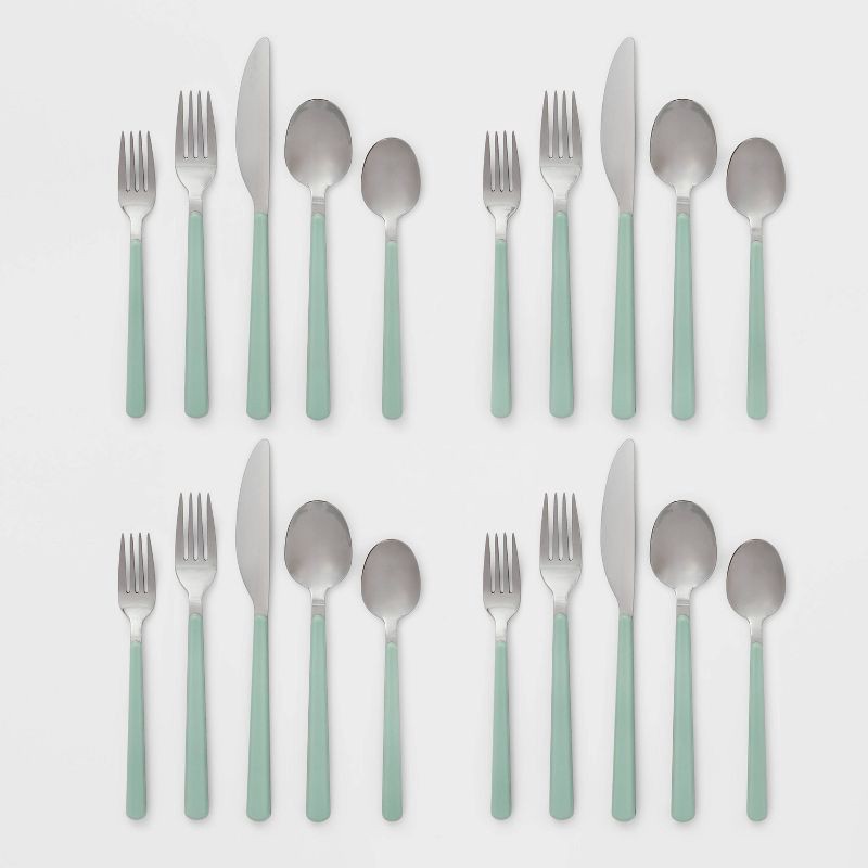 slide 4 of 4, 20pc Plastic Handle Flatware Set Mint - Room Essentials™: Stainless Steel Silverware Set, Service for 4, Forks Spoons Knives, 20 ct