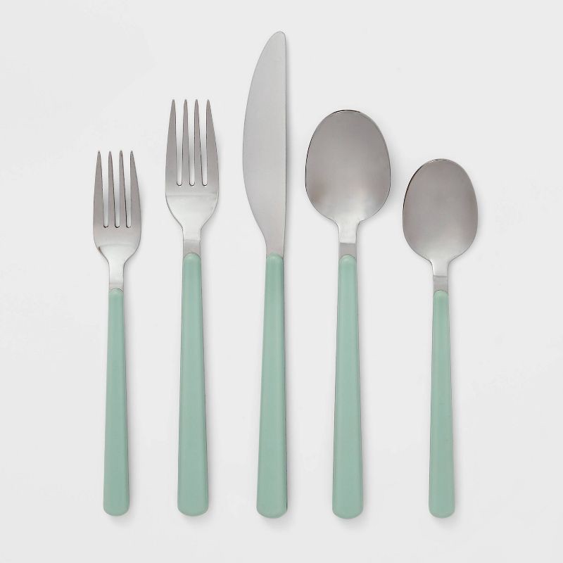 slide 1 of 4, 20pc Plastic Handle Flatware Set Mint - Room Essentials™: Stainless Steel Silverware Set, Service for 4, Forks Spoons Knives, 20 ct