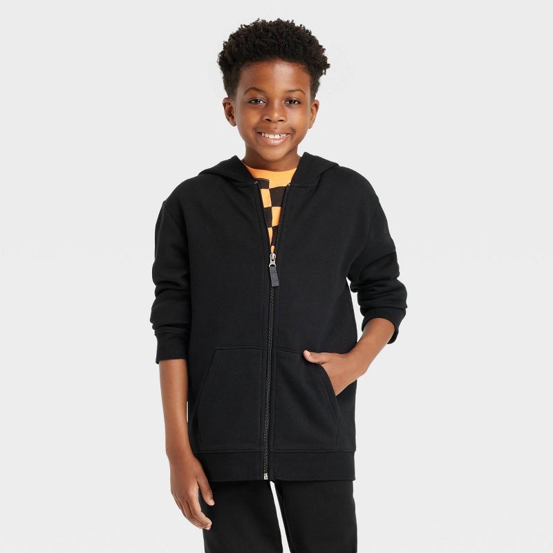 slide 1 of 3, Boys' Fleece Zip-Up Sweatshirt - Cat & Jack™ Black M: Heavyweight Cotton Blend, Hooded Design, Kangaroo Pocket, 1 ct