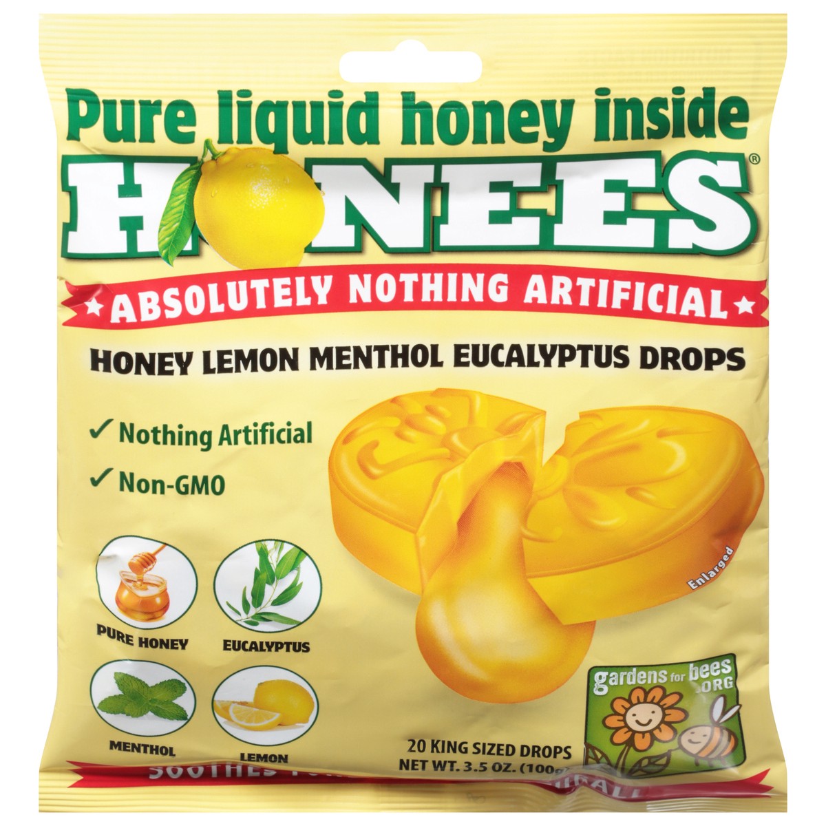 slide 1 of 9, Honees Menthol Honey Lemon Eucalyptus Drops King Sized 20 ea, 20 ct