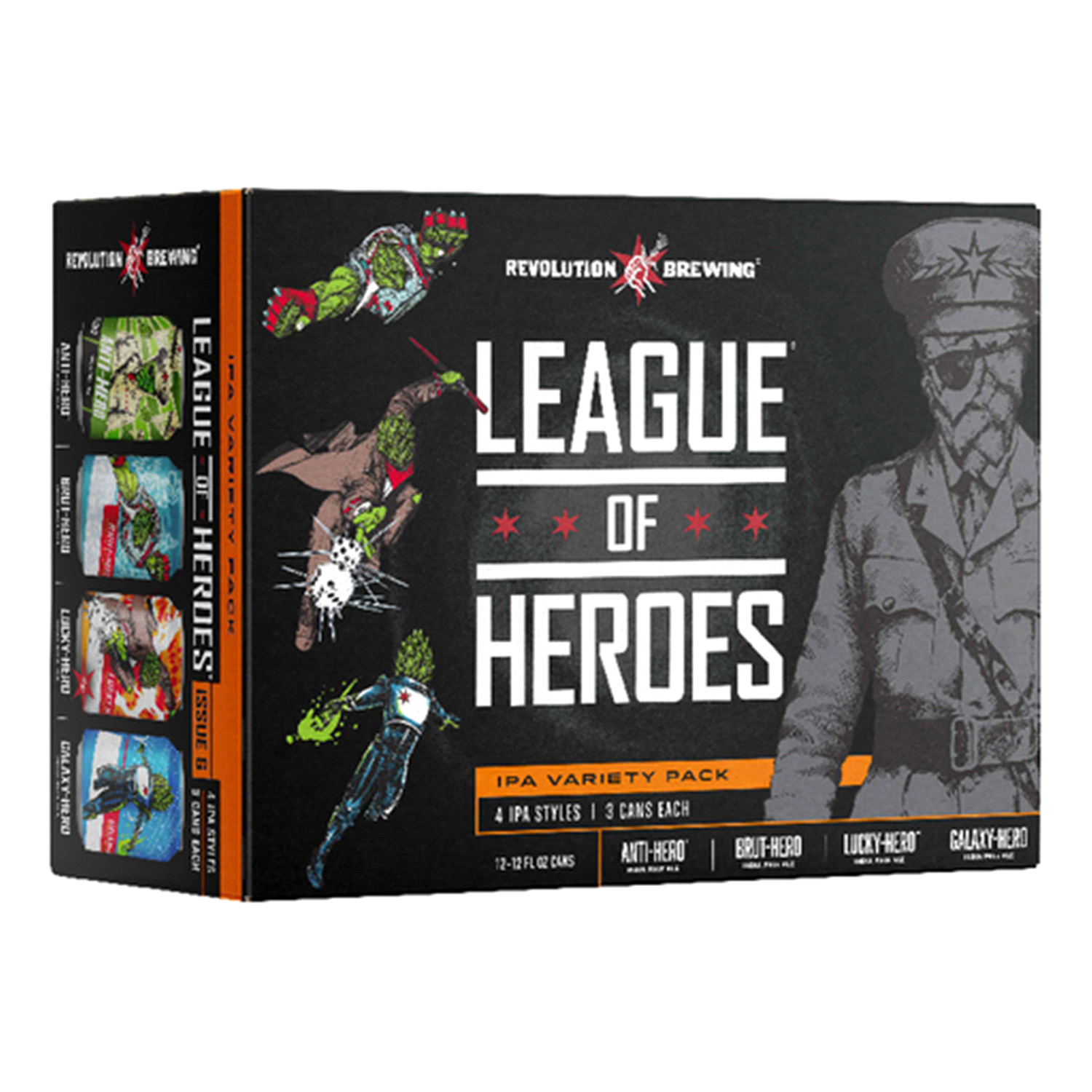 slide 1 of 1, Revolution Brewing IPA Variety Pack Trident-Hero Anti-Hero Tropic-Hero Northeast-Hero Beer 12 - 12 fl oz Cans, 12 ct; 12 fl oz