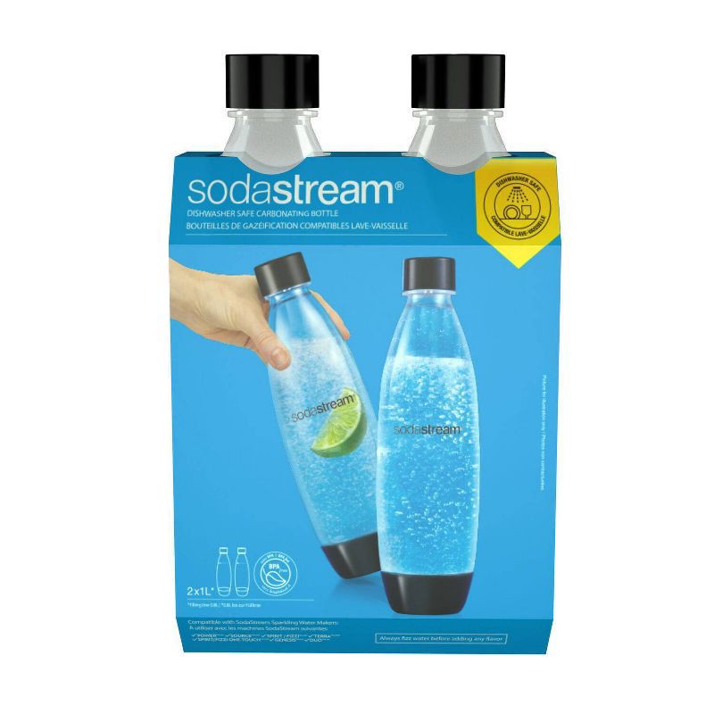 slide 2 of 4, SodaStream 1L Carbonating Bottle - 2pk - Black: BPA-Free, Dishwasher-Safe, Portable Drinkware, Spare Bottles, 1 liter, 2 ct