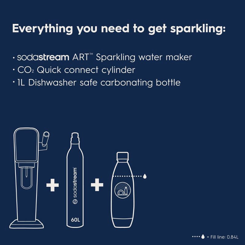 slide 2 of 10, SodaStream Art Sparkling Water Maker with CO2 and Carbonating Bottle Black: Matte Finish, 60L Cartridge, Hand Wash, 60 liter