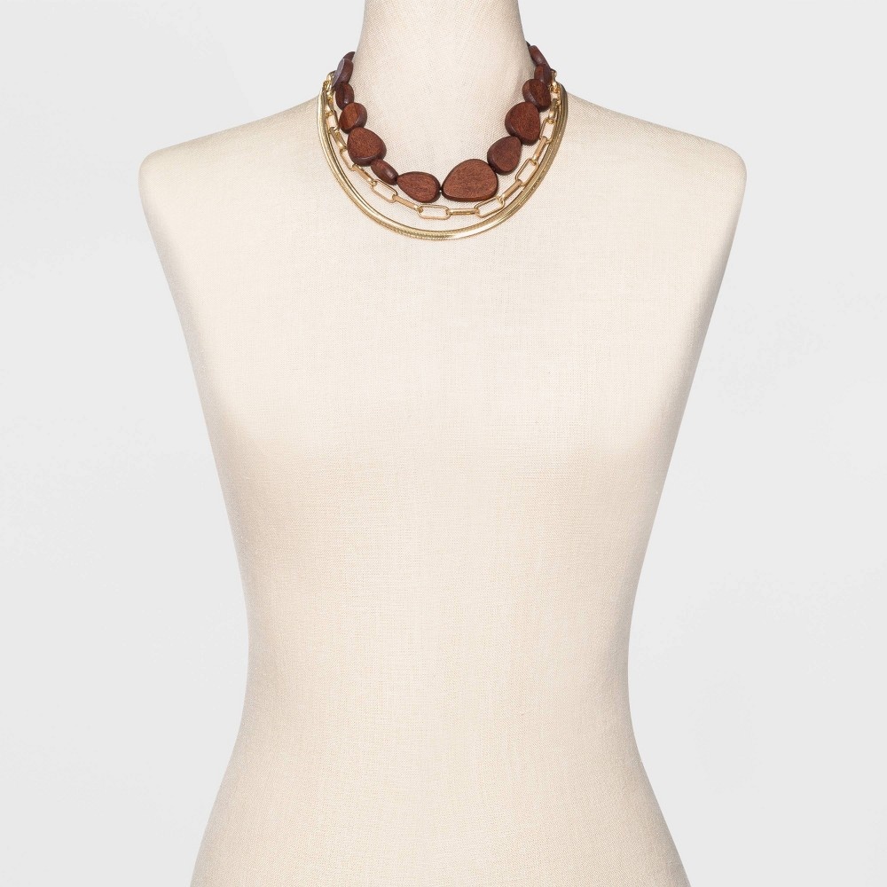 slide 2 of 3, Wood Bead Multi-Strand Necklace 3pc - A New Day Brown, 3 ct