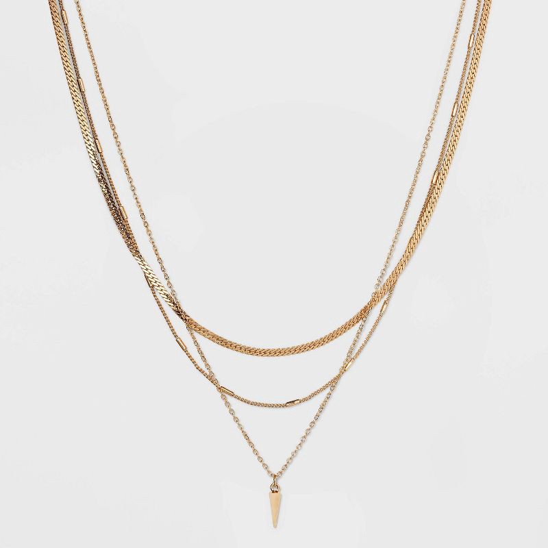 slide 1 of 3, Herringbone Point Charm Multi-Strand Chain Necklace - A New Day™ Gold: Nickel-Free, Lobster Claw Clasp, 1 ct