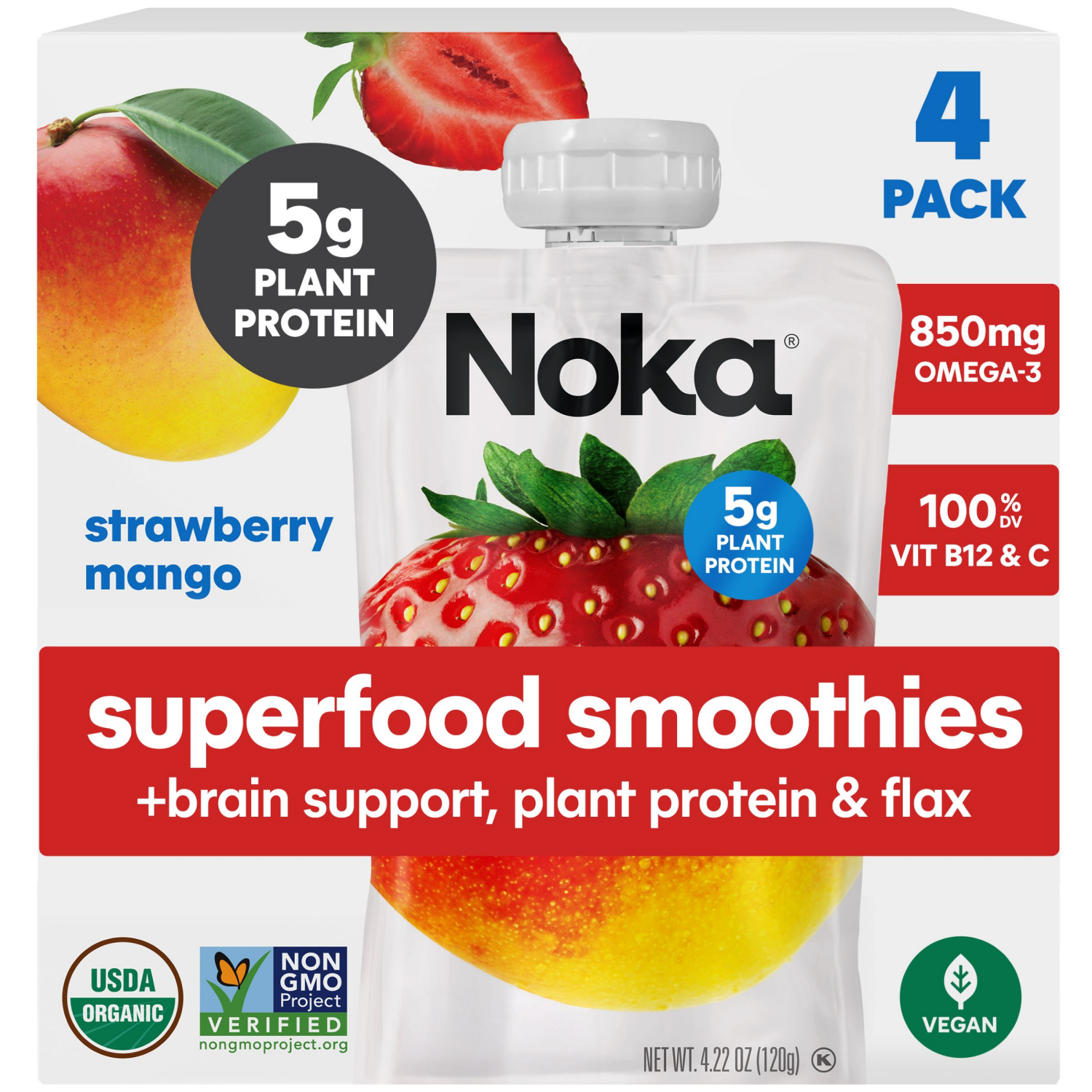 slide 1 of 8, Noka® Strawberry Mango Superfood Smoothies Pouches, 4 ct / 4.22 oz
