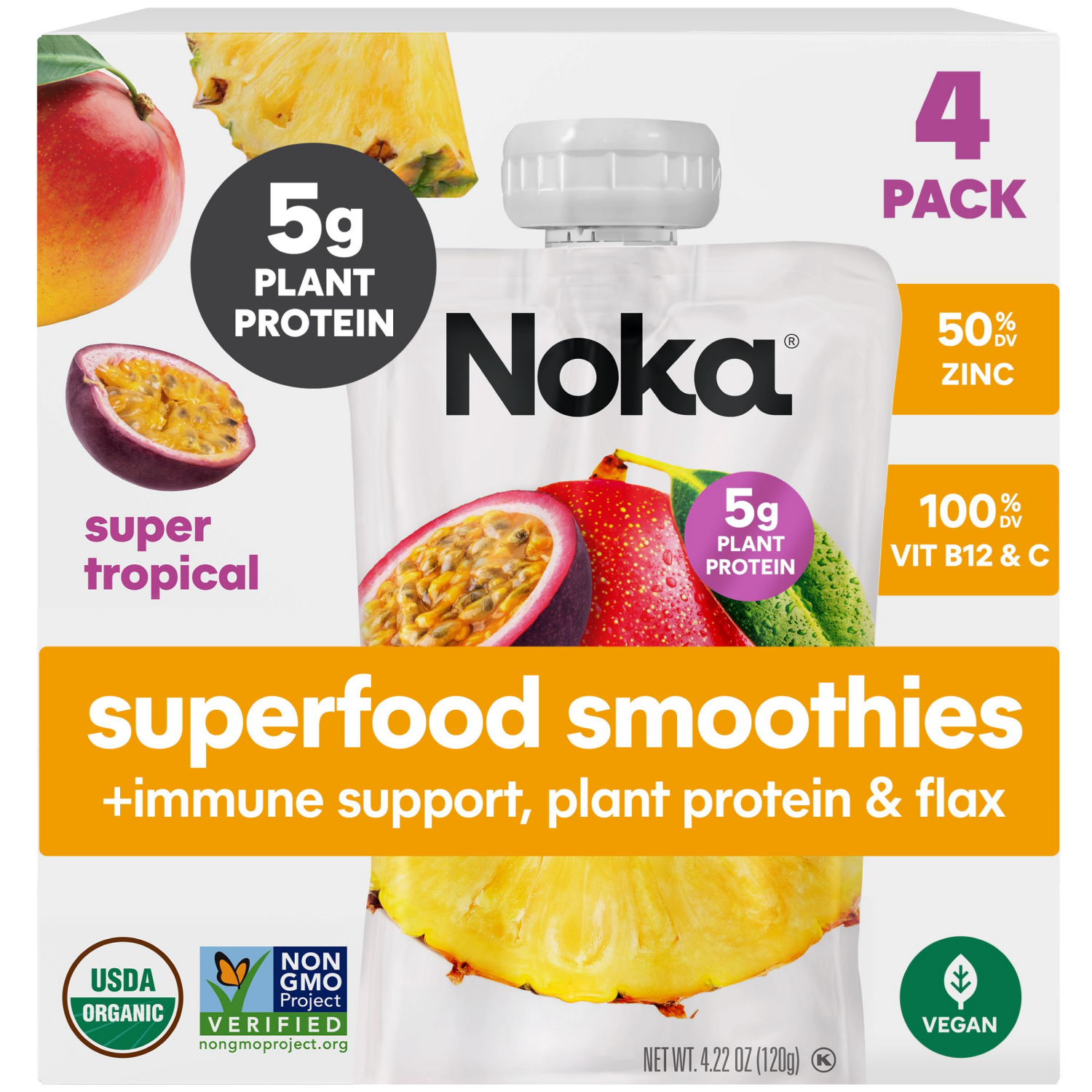 slide 1 of 8, NOKA Superfood Smoothies, Super Tropical 4pack, 4.22 oz, 4 ct