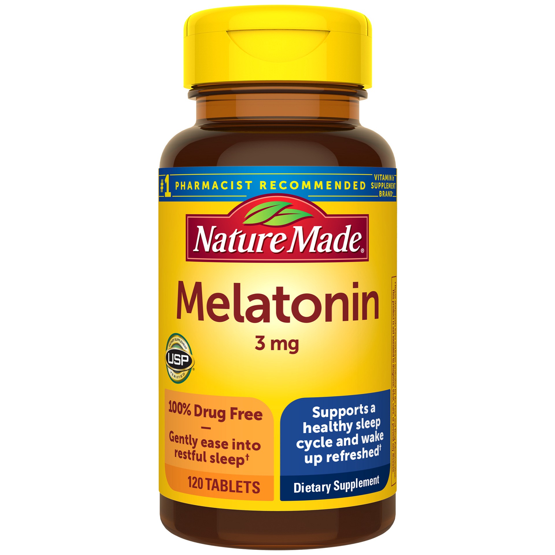 slide 1 of 4, Nature Made Melatonin 3mg Tablets, 100% Drug Free Sleep Aid for Adults, 120 Tablets, 120 Day Supply, 120 ct