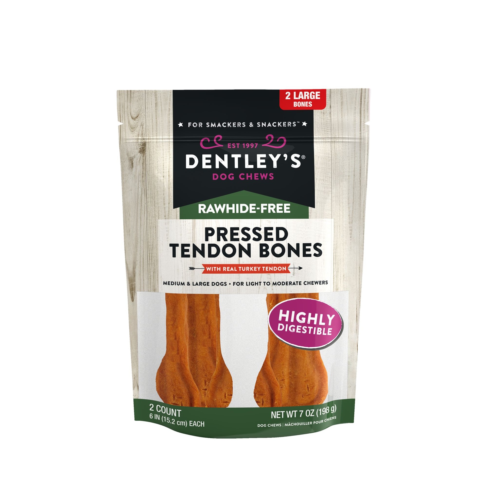 slide 1 of 1, Dentley's Rawhide-Free 6 Turkey Tendon Dog Chew'', 2 ct