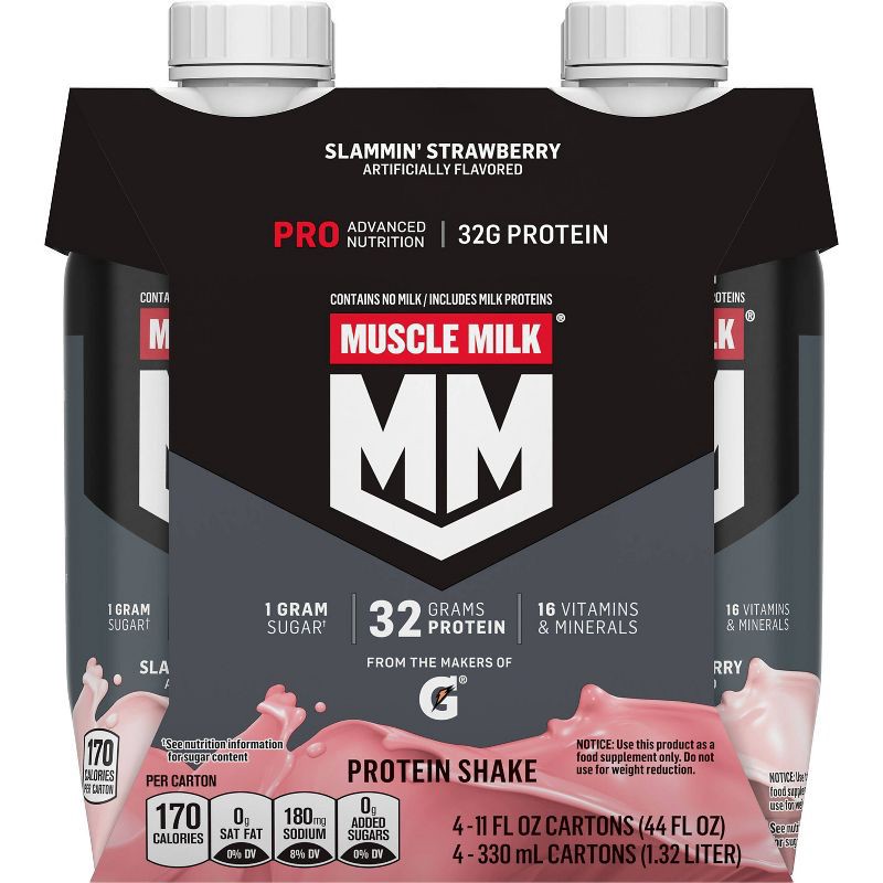slide 2 of 4, Muscle Milk Protein Shake Strawberry Non-Caffeinated - 11 fl oz/4pk, 4 ct; 11 fl oz