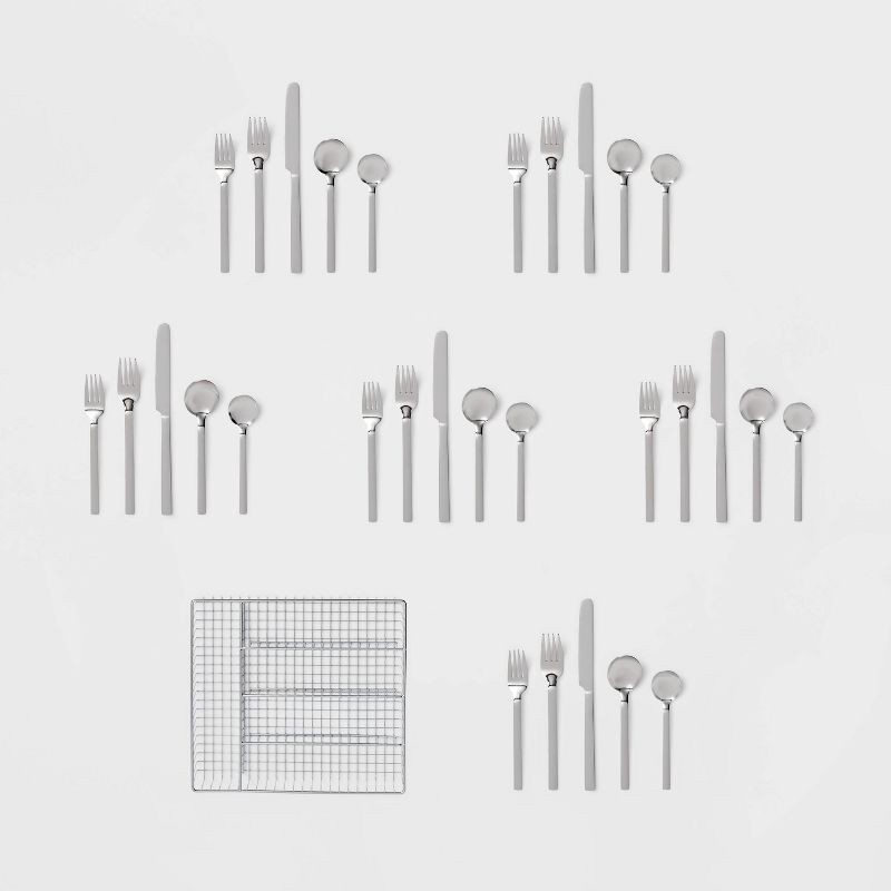 slide 4 of 4, 30pc Squared Straight Flatware Set with Caddy - Room Essentials™: Silverware Set, Service for 6, Forks Spoons Knives, 30 ct