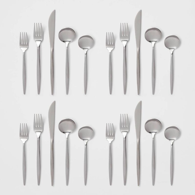 slide 4 of 4, 20pc Shapleigh Flatware Set Silver - Threshold™: Stainless Steel Silverware, Forks Spoons Knives, Dishwasher-Safe, Service for 4, 20 ct