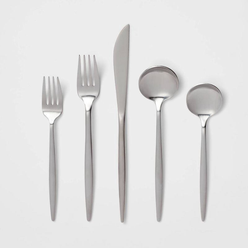 slide 1 of 4, 20pc Shapleigh Flatware Set Silver - Threshold™: Stainless Steel Silverware, Forks Spoons Knives, Dishwasher-Safe, Service for 4, 20 ct