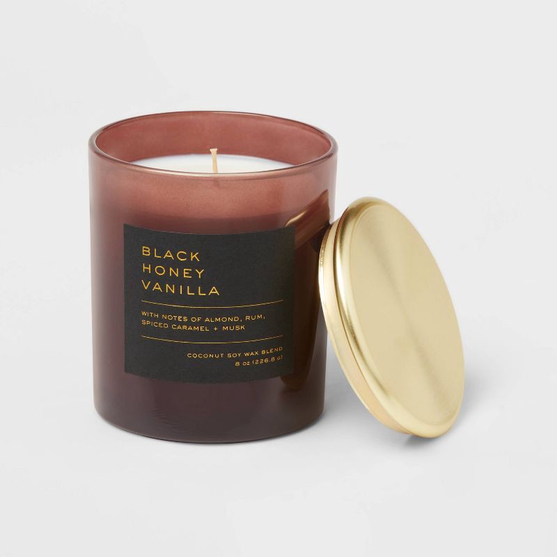 slide 3 of 3, 8oz Lidded Glass Jar Black Honey Vanilla Candle - Threshold™: Soy & Coconut Wax, 30hr Burn Time, 8 oz