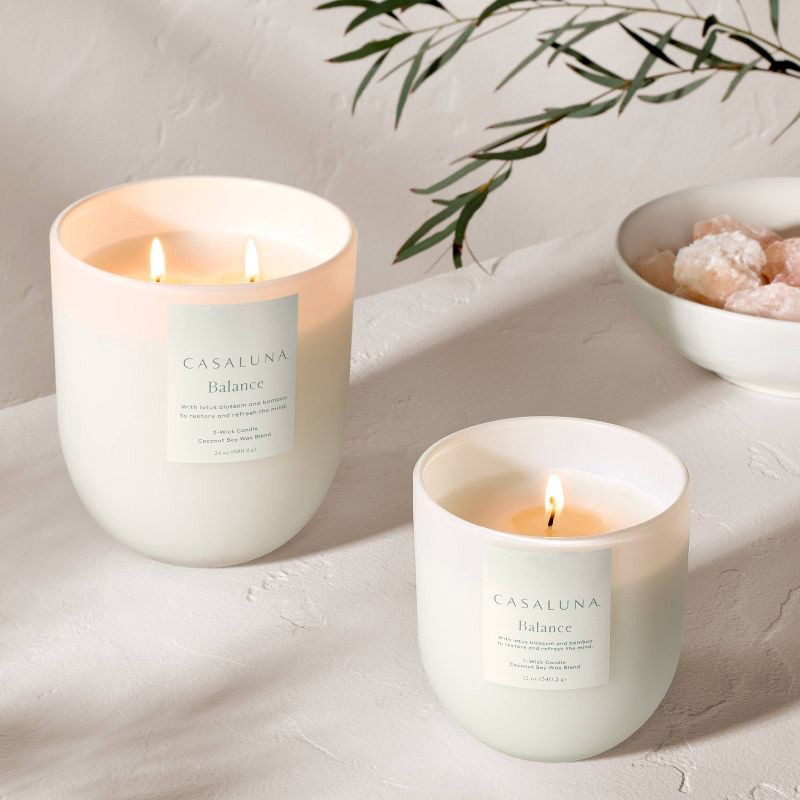 slide 2 of 4, Balance Core Frosted Glass Wellness Jar Candle White 12oz - Casaluna™: Soy & Coconut Wax, 55hr Burn Time, Bamboo-Lotus Scent, 12 oz