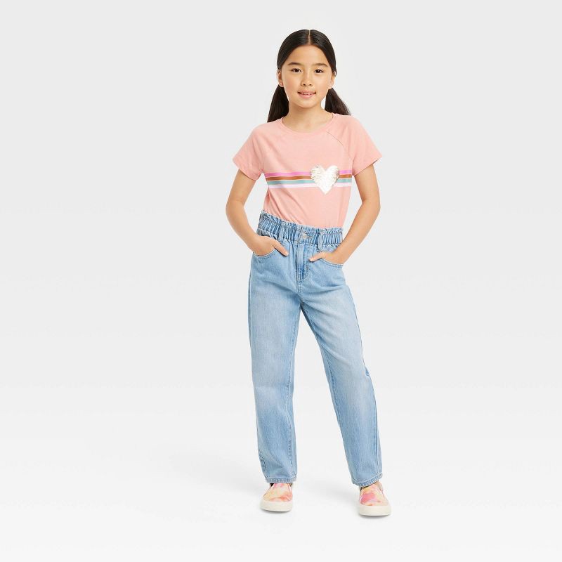 slide 3 of 3, Girls' Relaxed Paper Bag High-Rise Waist Jeans - Cat & Jack™ Light Wash 7: Cotton Denim, Stretch Fabric, Ankle Length, 1 ct