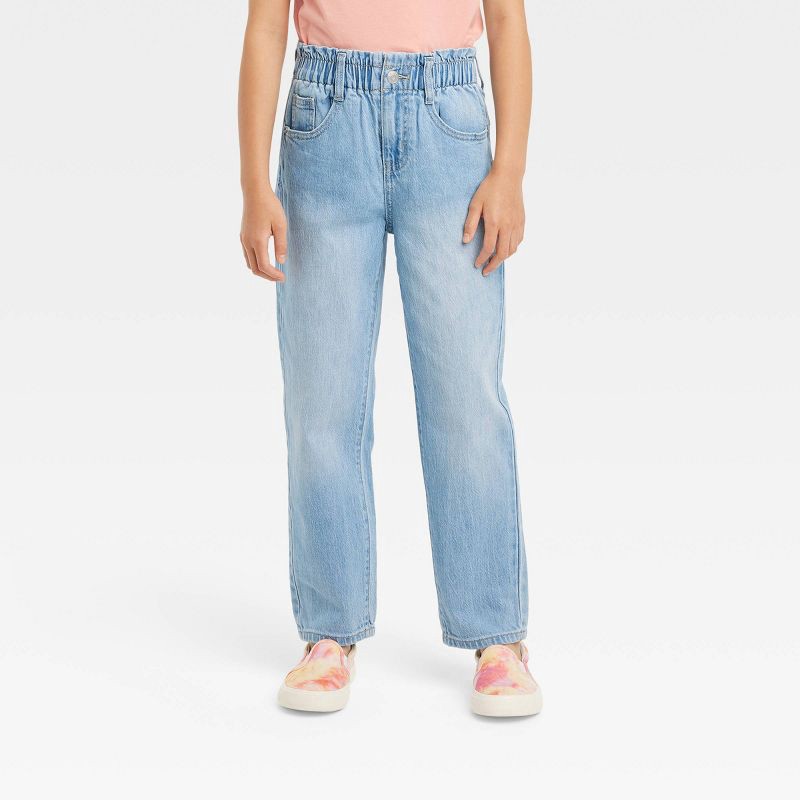 slide 1 of 3, Girls' Relaxed Paper Bag High-Rise Waist Jeans - Cat & Jack™ Light Wash 7: Cotton Denim, Stretch Fabric, Ankle Length, 1 ct
