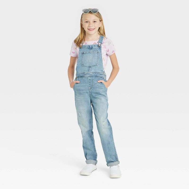 slide 3 of 3, Girls' Overalls - Cat & Jack™ Light Wash S: Denim Romper, Adjustable Waistband, Side & Patch Pockets, Sleeveless, 1 ct