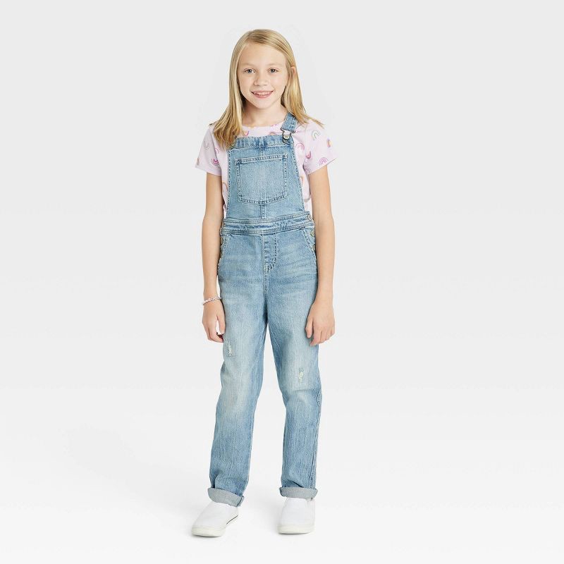 slide 1 of 3, Girls' Overalls - Cat & Jack™ Light Wash M: Denim Romper, Adjustable Waistband, Side Pocket, 1 ct