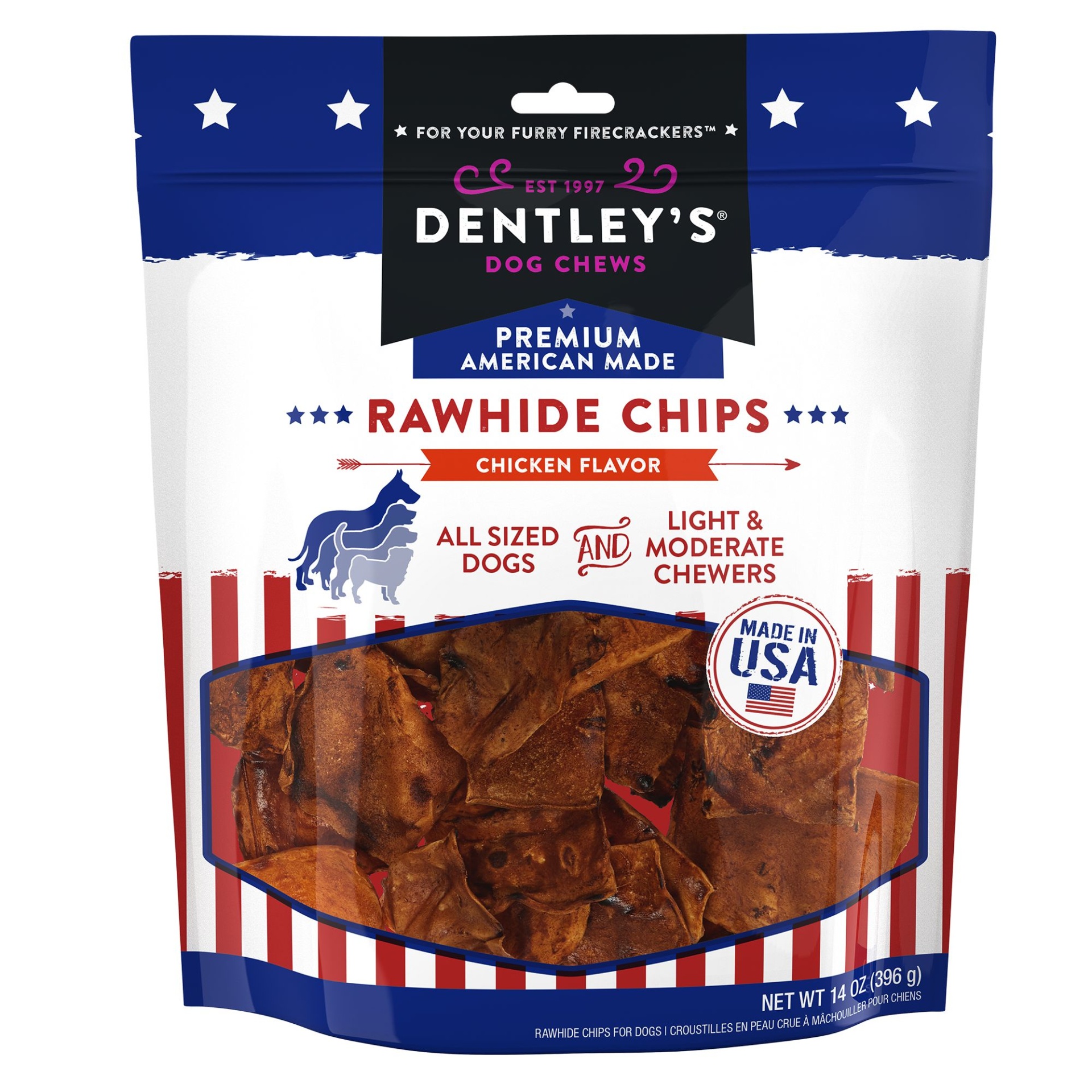 slide 1 of 1, Dentley's American Made Rawhide Chew Chips Dog Chew - Chicken, 14 Oz., 14 oz