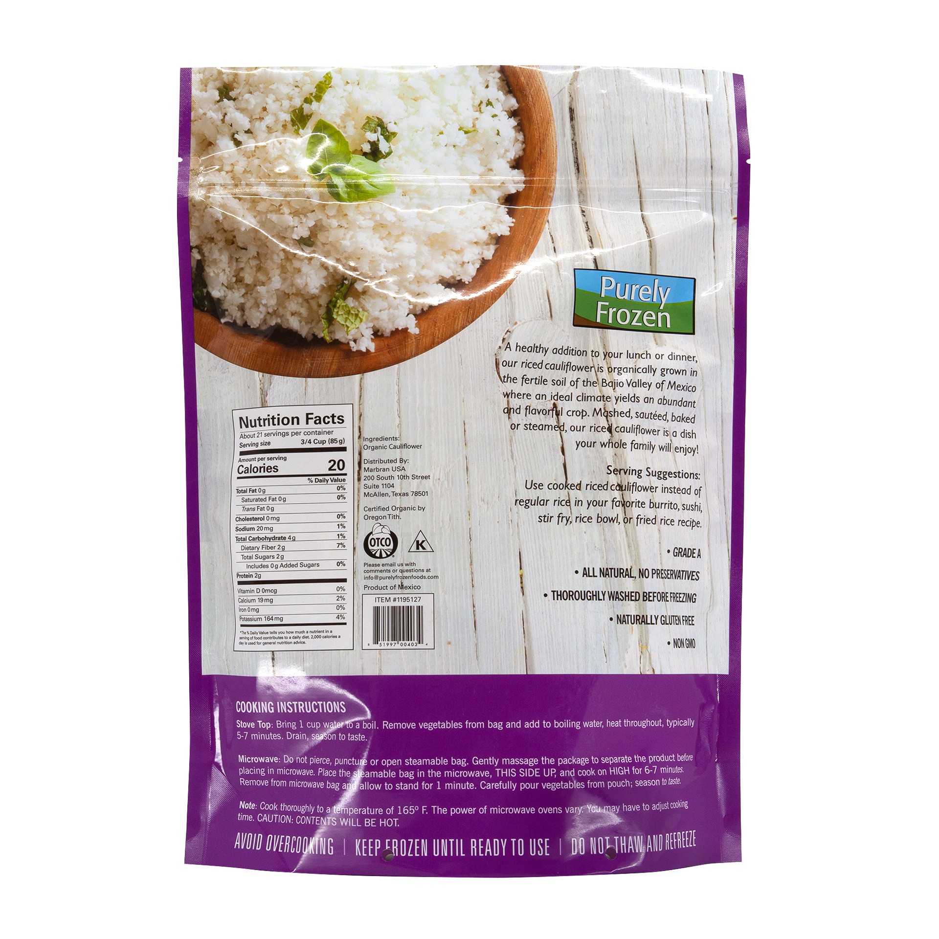 slide 2 of 2, Marbran Usa Purely Frozen Organic Riced Cauliflower, 1 lb