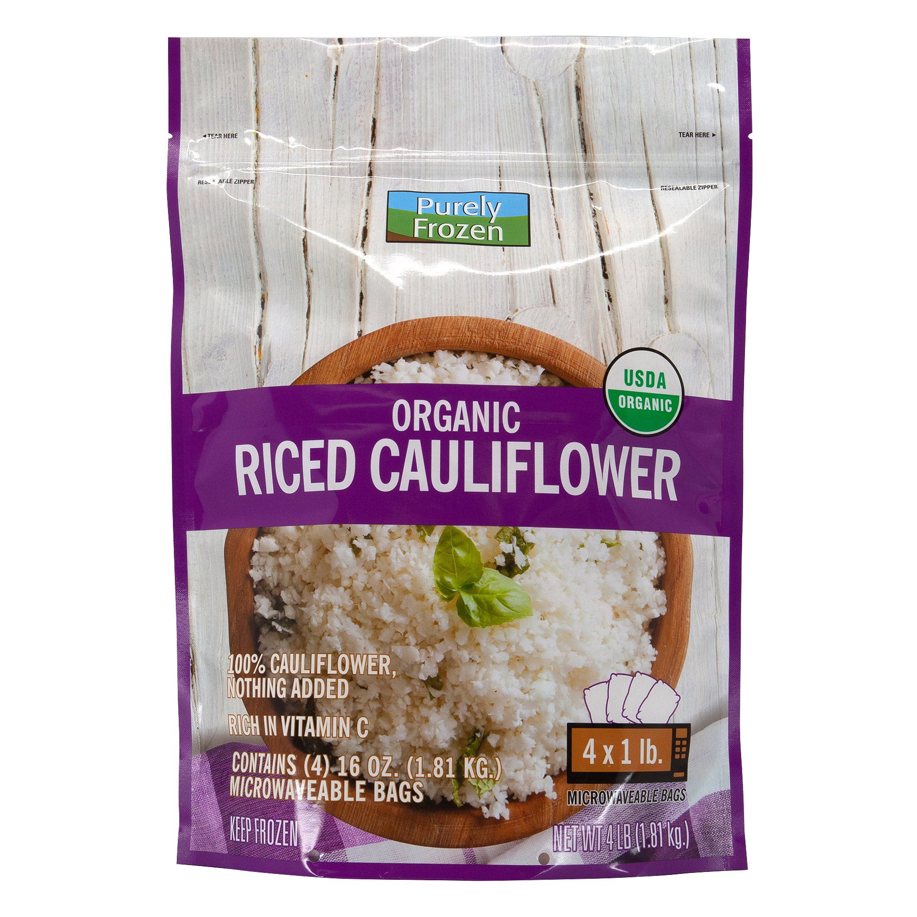 slide 1 of 2, Purely Frozen Organic Riced Cauliflower, 1 lb, 4 count, 