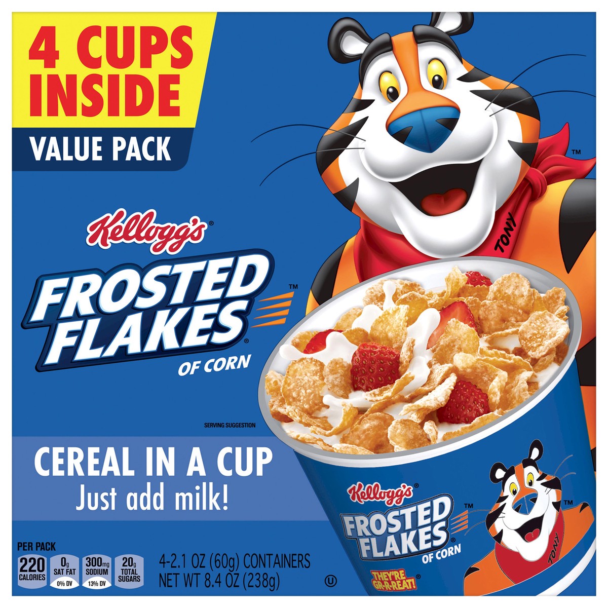 slide 4 of 10, Frosted Flakes Kellogg's Frosted Flakes Breakfast Cereal Cups Original, 8.4 oz, 4 Count, 4 ct