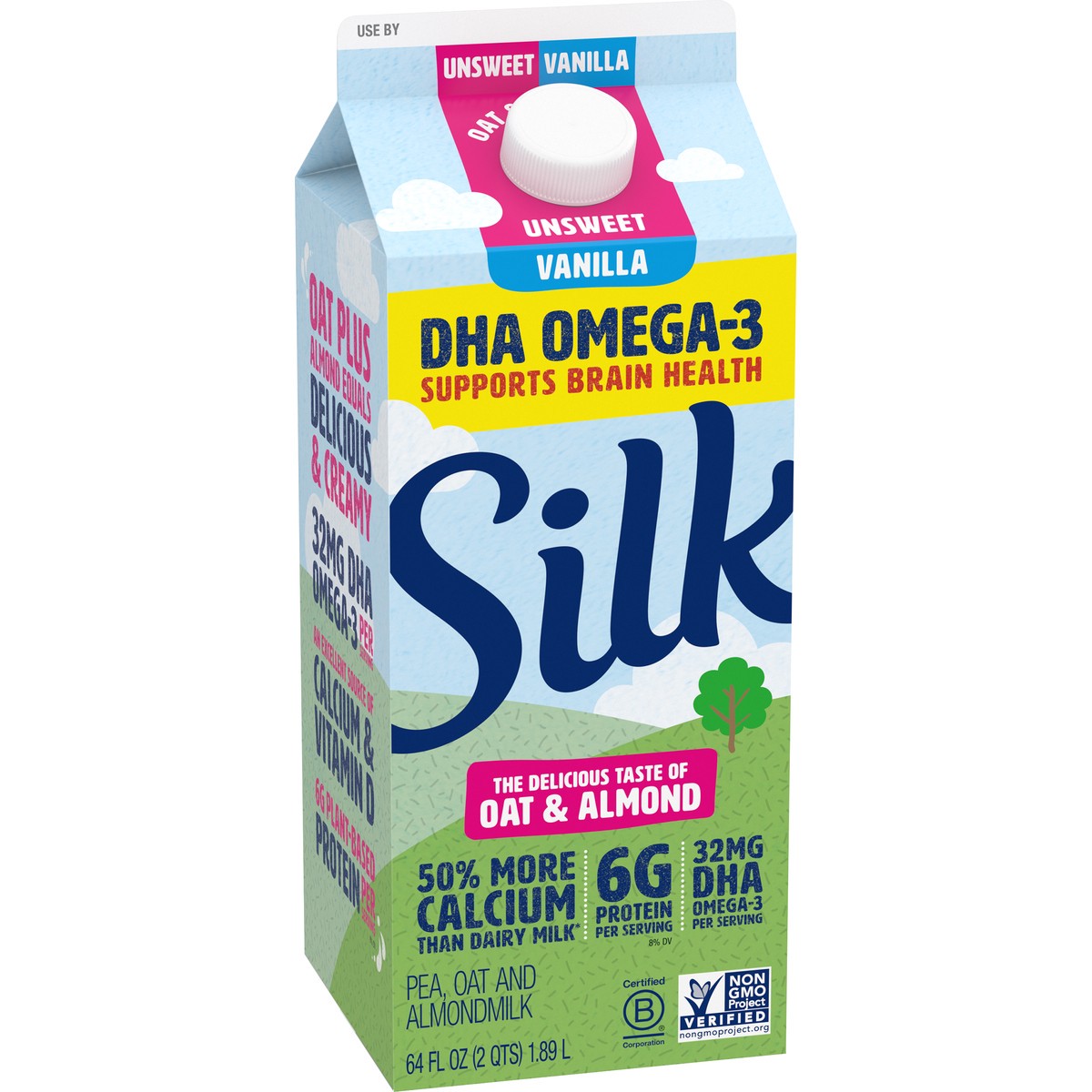 slide 2 of 9, Silk Unsweetened Vanilla Oatmilk & Almondmilk, Half Gallon, 64 fl oz