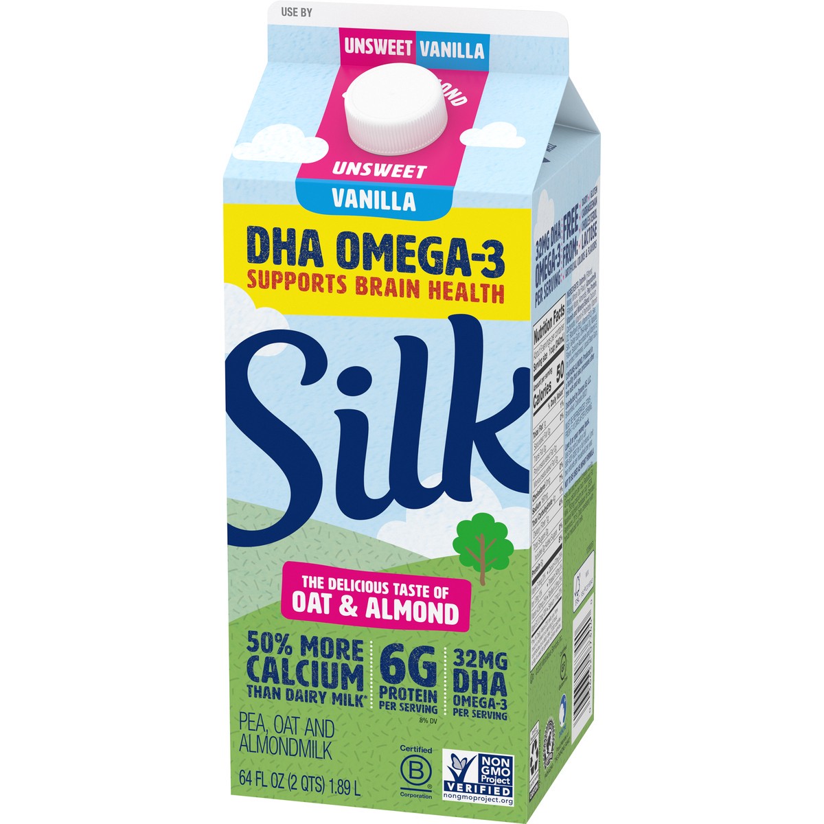 slide 3 of 9, Silk Unsweetened Vanilla Oatmilk & Almondmilk, Half Gallon, 64 fl oz