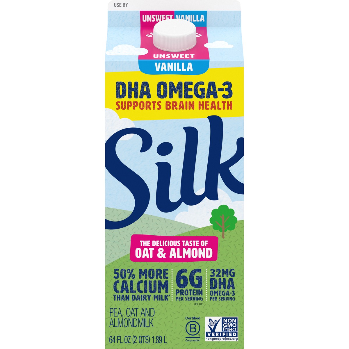 slide 6 of 9, Silk Unsweetened Vanilla Oatmilk & Almondmilk, Half Gallon, 64 fl oz