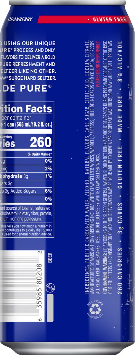slide 6 of 7, White Claw Surge Cranberry 19.2 fl oz Can, 19.20 fl oz