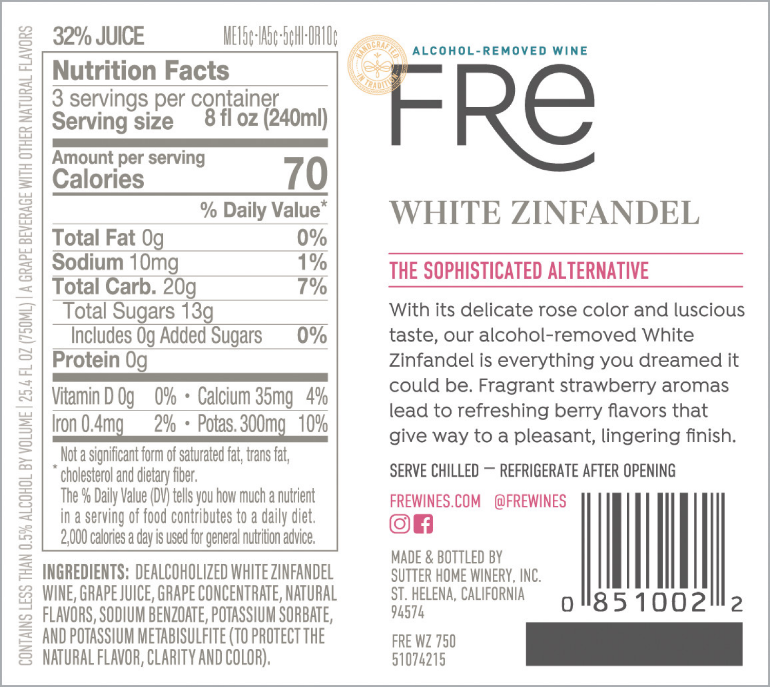slide 2 of 8, Fré Alcohol-Removed White Zinfandel 25.4 fl oz, 25.4 fl oz