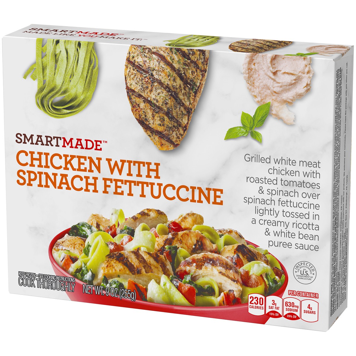 slide 5 of 9, Smart Made Chicken with Spinach Fettuccine Pasta, Tomatoes, Spinach & Creamy Ricotta White Bean Puree Sauce Frozen Meal, 9 oz Box, 9 oz