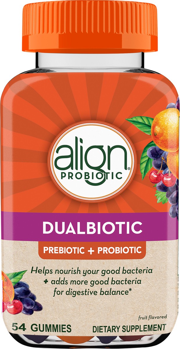 slide 6 of 8, Align DualBiotic, Prebiotic + Probiotic for Women and Men, Help Nourish and Add Good Bacteria for Digestive Support, Natural Fruit Flavors, 54 Gummies, 54 ct