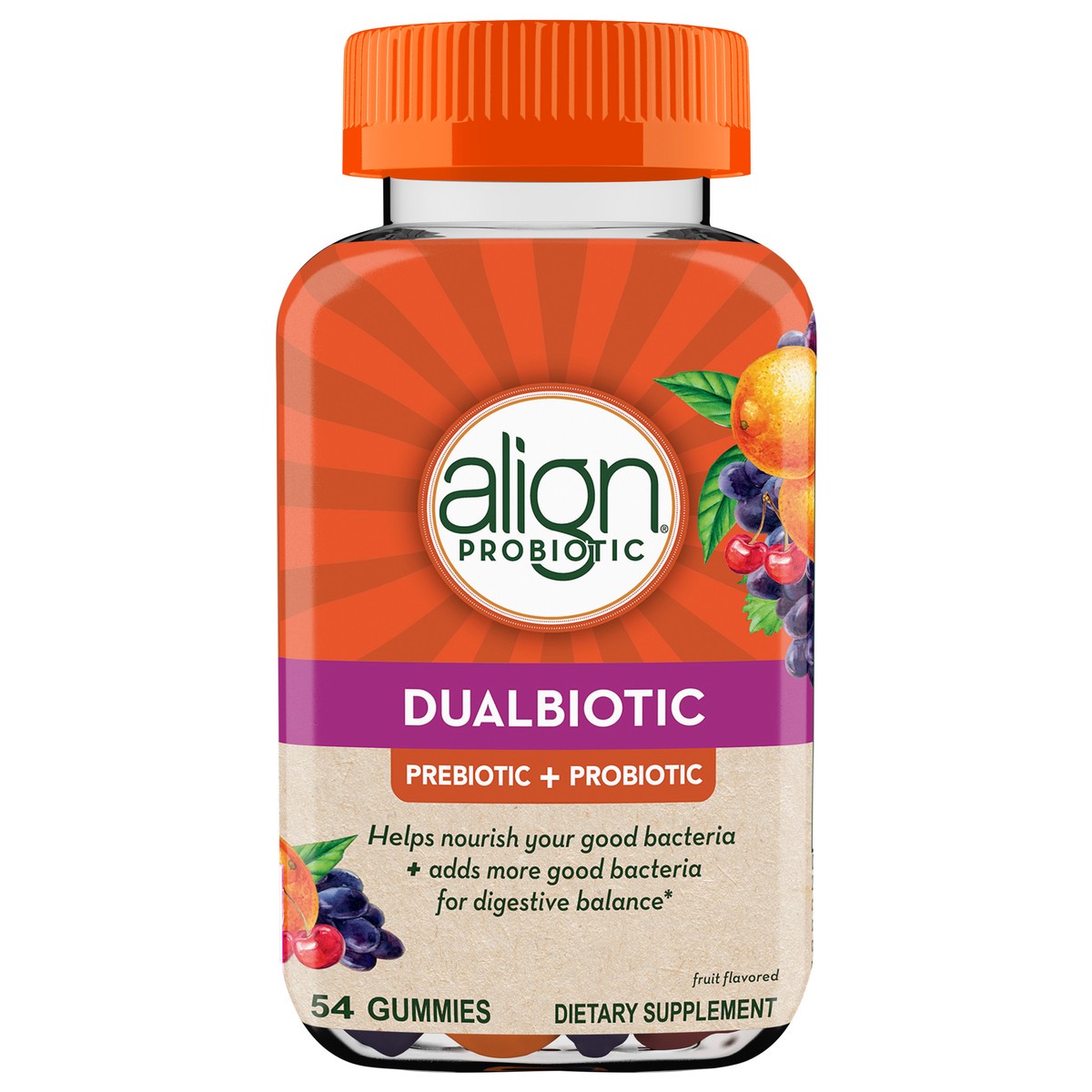 slide 7 of 8, Align DualBiotic, Prebiotic + Probiotic for Women and Men, Help Nourish and Add Good Bacteria for Digestive Support, Natural Fruit Flavors, 54 Gummies, 54 ct