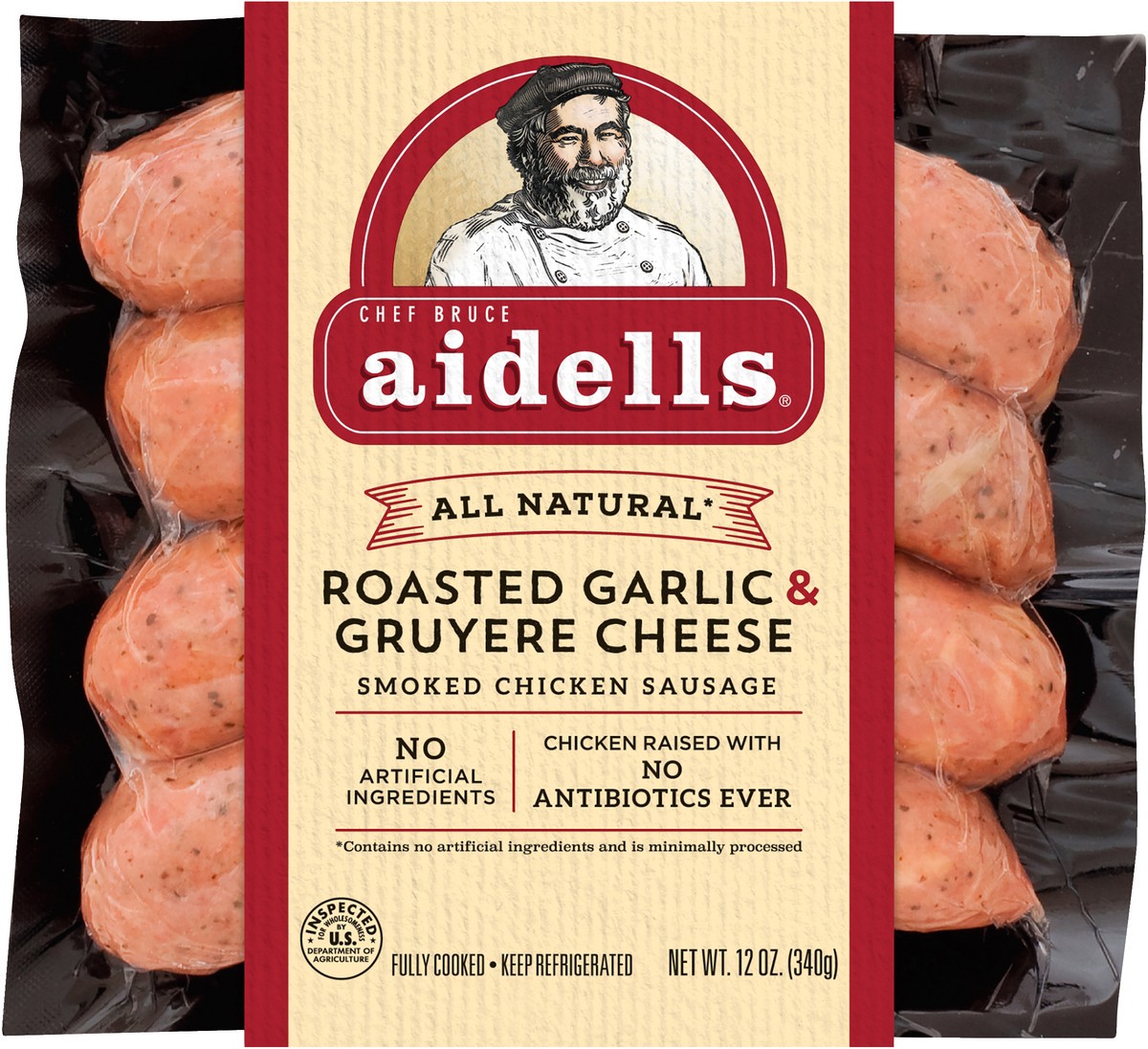 slide 3 of 7, Aidells Smoked Chicken Sausage, Roasted Garlic & Gruyere Cheese, 12 oz. (4 Fully Cooked Links), 340.19 g