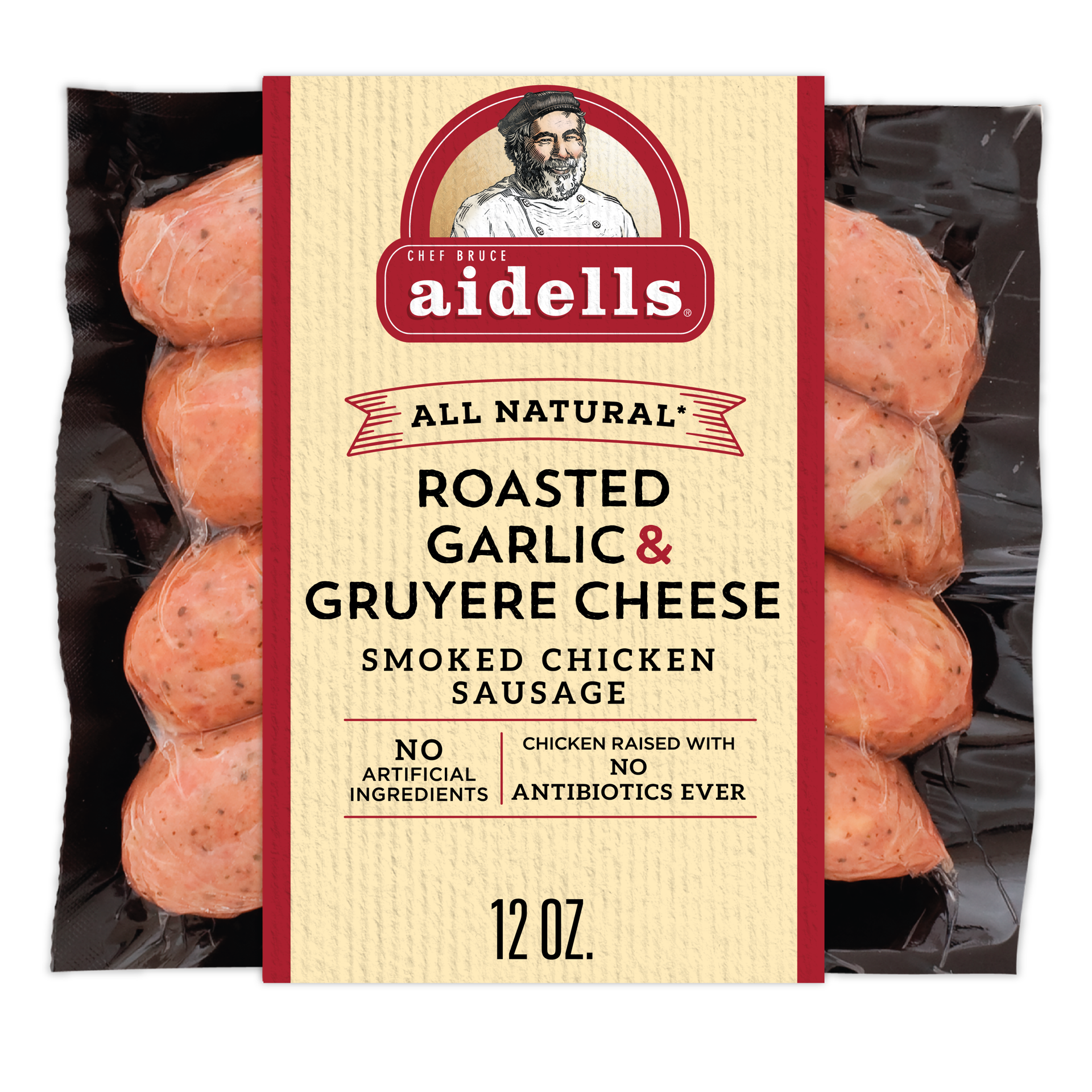 slide 1 of 7, Aidells Smoked Chicken Sausage, Roasted Garlic & Gruyere Cheese, 12 oz. (4 Fully Cooked Links), 340.19 g