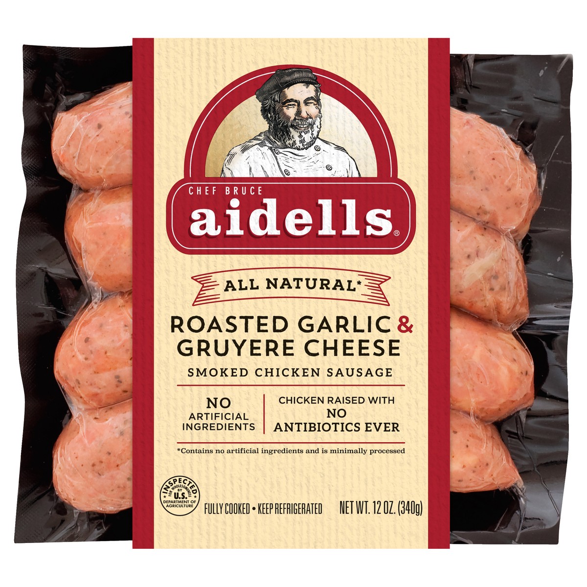 slide 6 of 7, Aidells Smoked Chicken Sausage, Roasted Garlic & Gruyere Cheese, 12 oz. (4 Fully Cooked Links), 340.19 g
