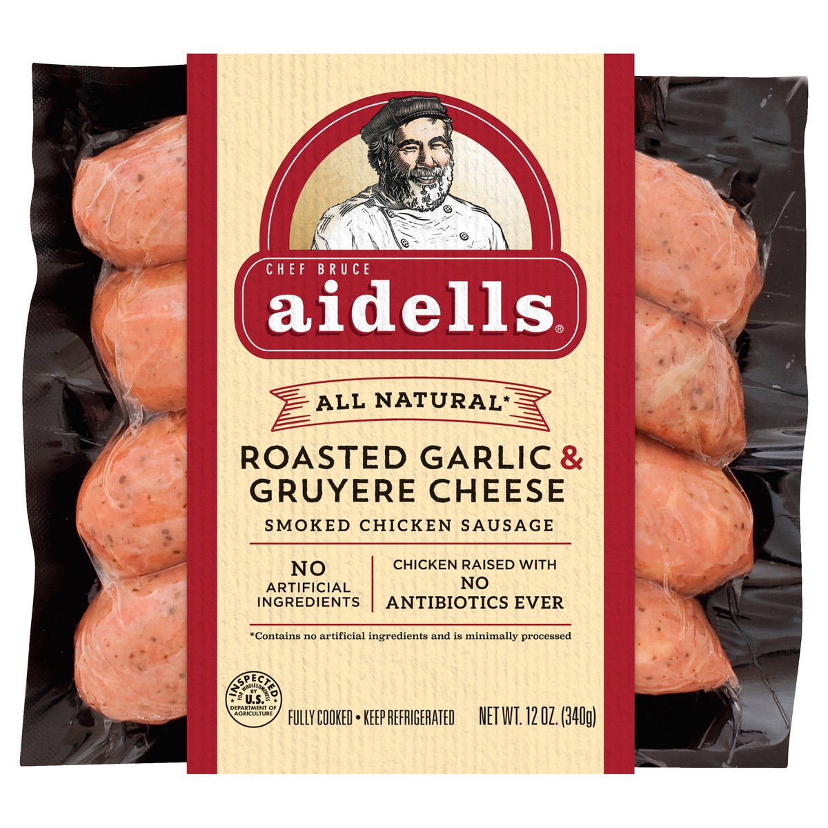 slide 1 of 7, Aidells Smoked Chicken Sausage, Roasted Garlic & Gruyere Cheese, 12 oz. (4 Fully Cooked Links), 12 oz