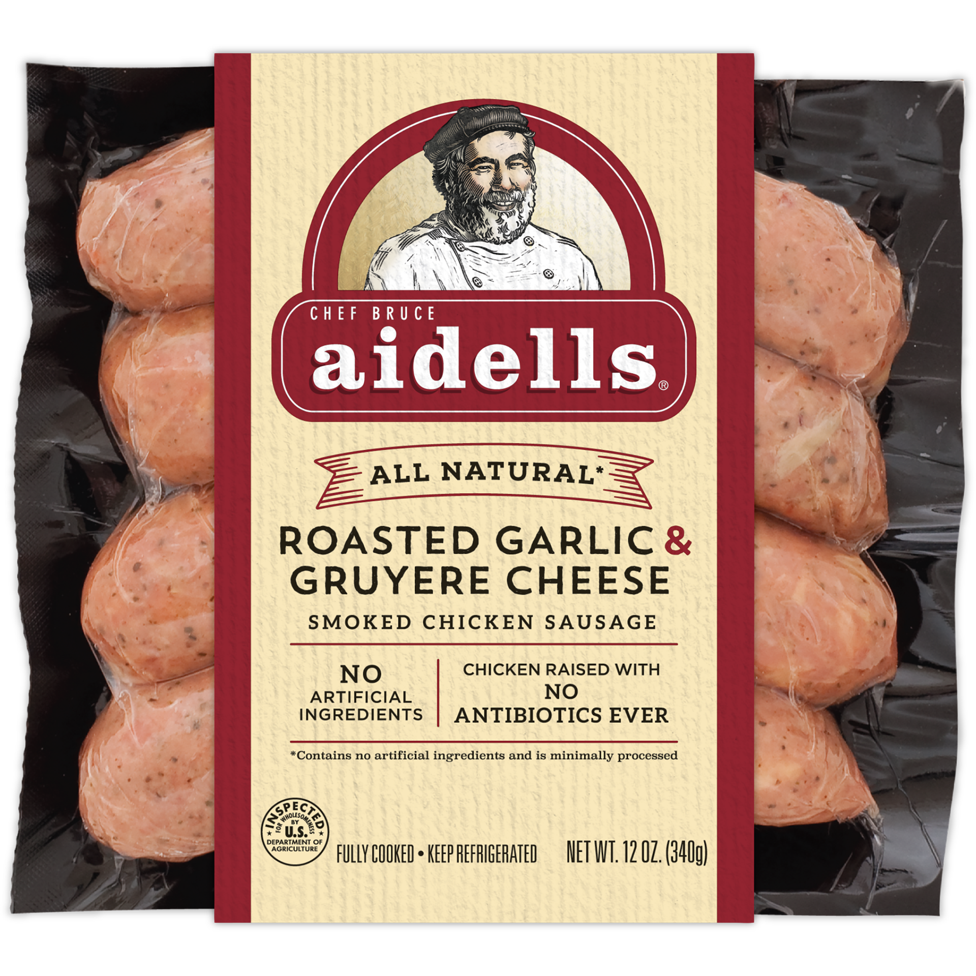 slide 1 of 7, Aidells Smoked Chicken Sausage, Roasted Garlic & Gruyere Cheese, 12 oz. (4 Fully Cooked Links), 340.19 g